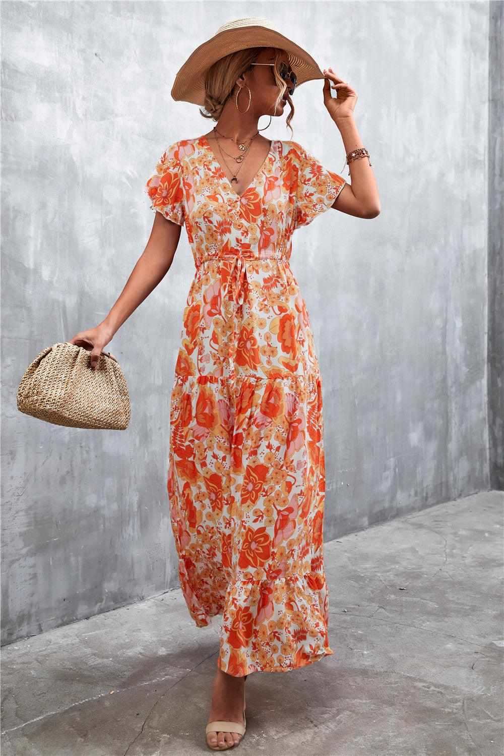 Floral Buttoned Drawstring Waist Tiered Dress - Lecatta