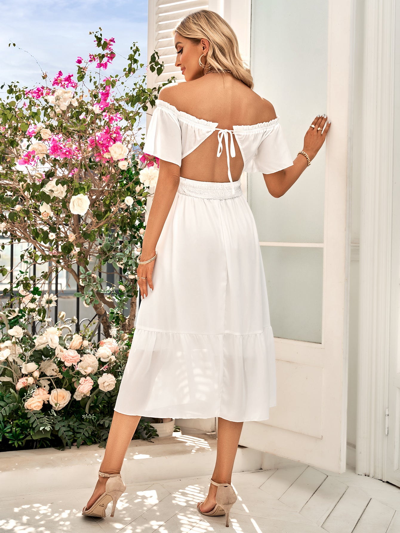 Off-Shoulder Tied Cutout Dress - Lecatta