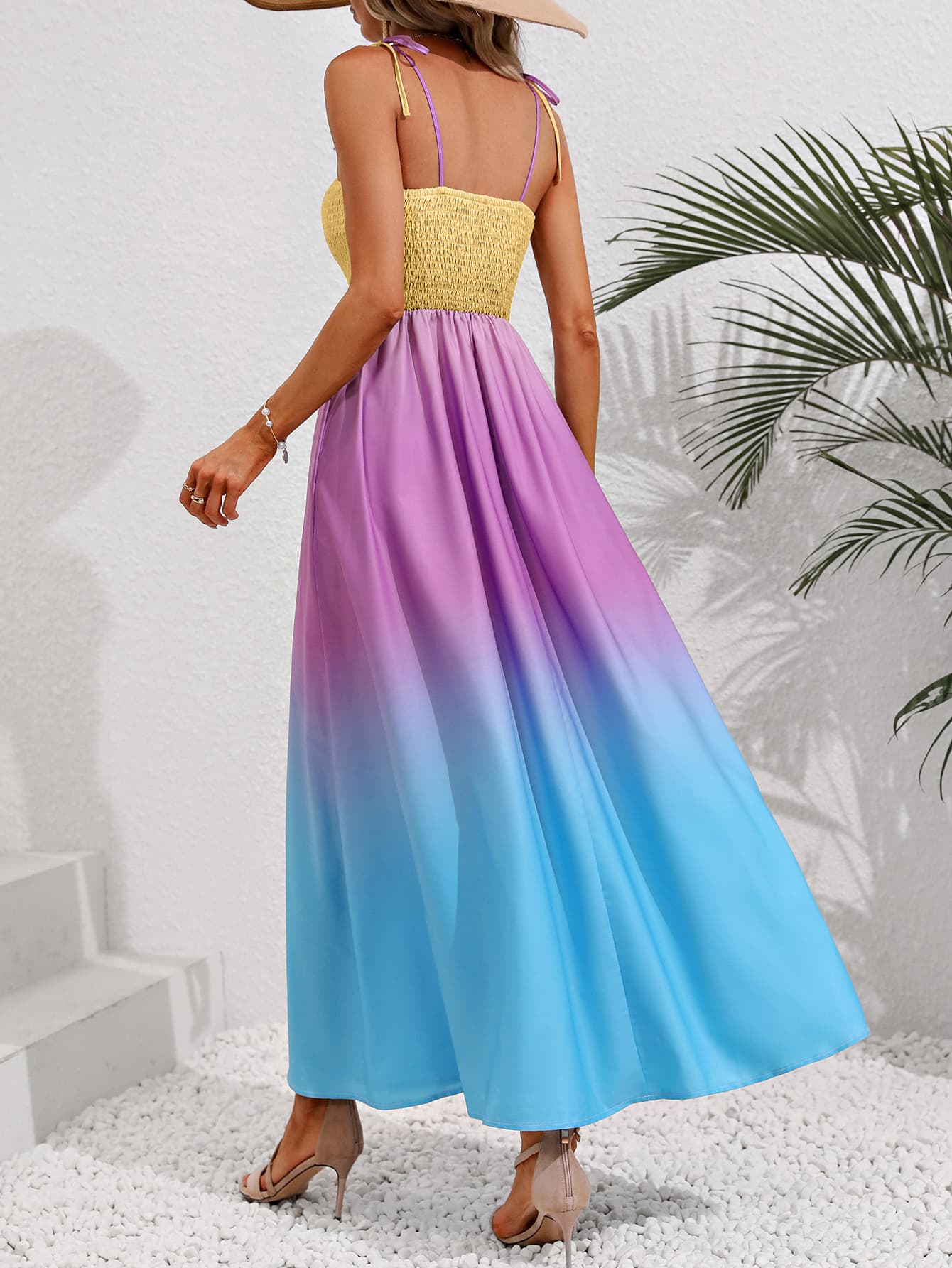 Color Block Tie Shoulder Smocked Maxi Dress - Lecatta