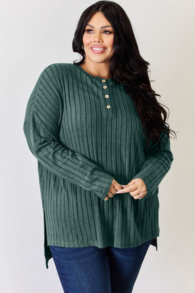 Basic Bae Full Size Ribbed Half Button Long Sleeve High-Low T-Shirt