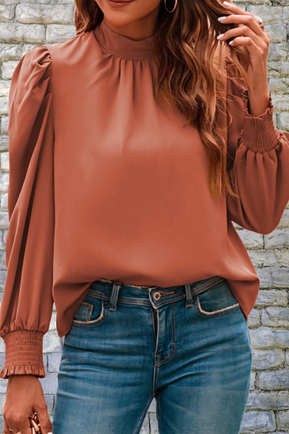 Mock Neck Puff Sleeve Blouse