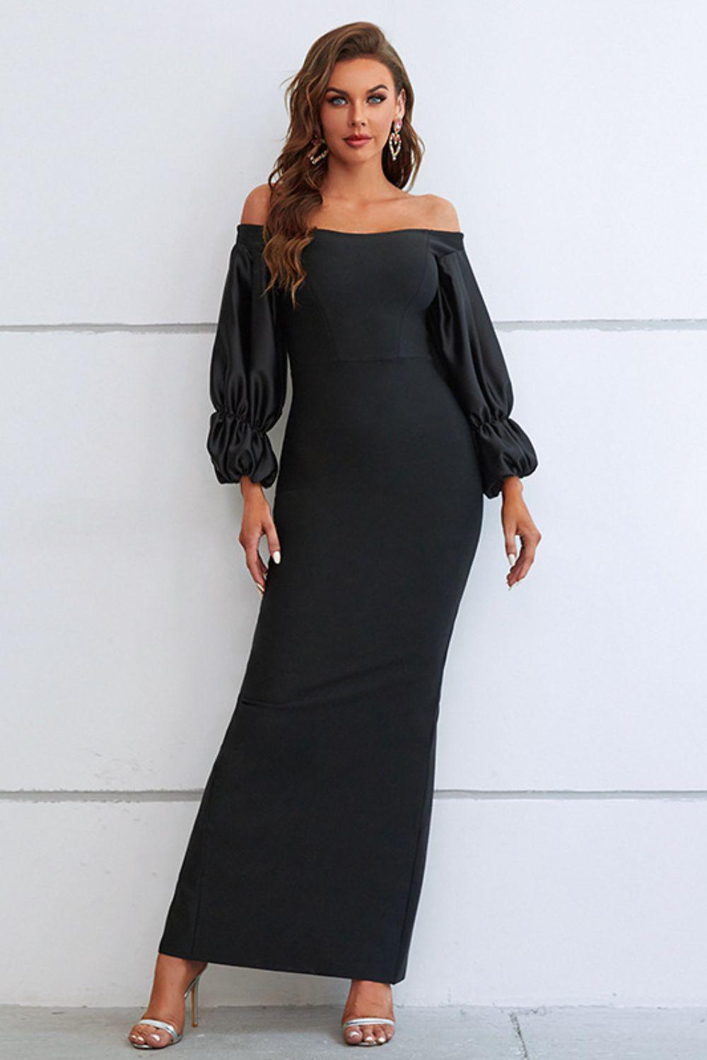 Off-Shoulder Bubble Sleeve Slit Dress - Lecatta