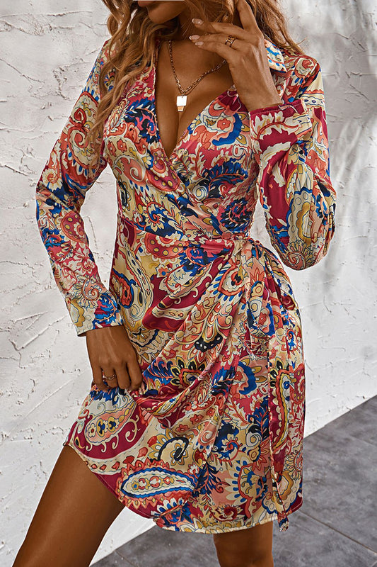 Printed Surplice Neck Long Sleeve Mini Dress - Lecatta