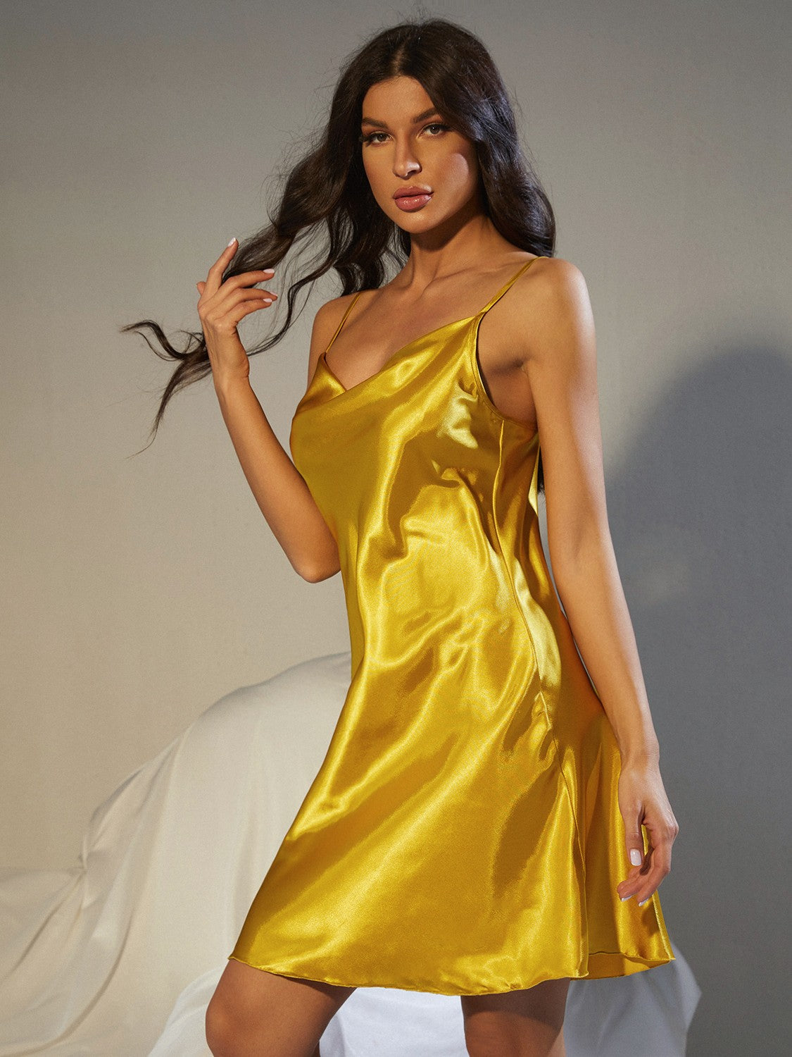 Spaghetti Strap Cowl Neck Satin Night Dress - Lecatta