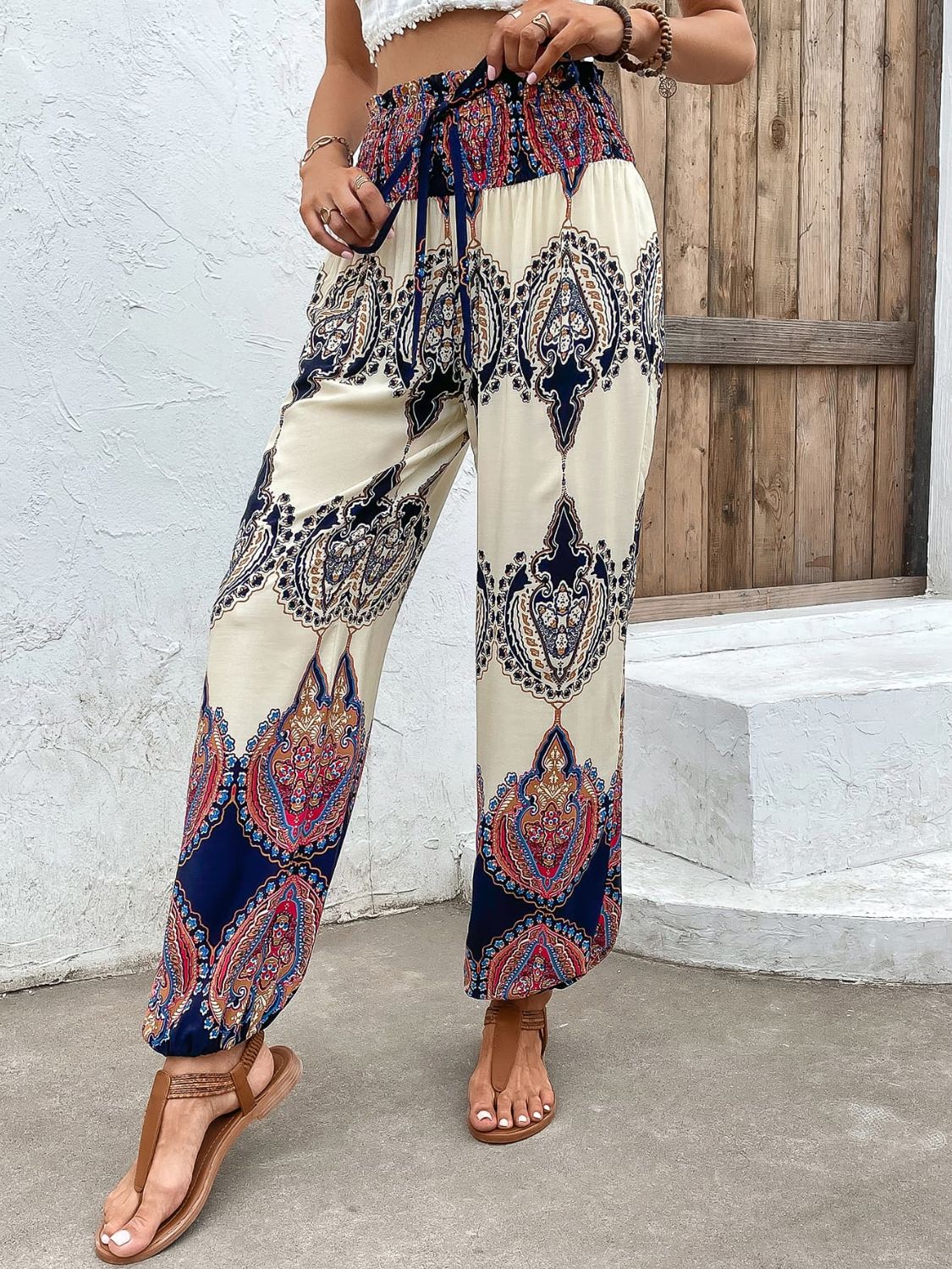 Printed Smocked High Waist Pants - Lecatta