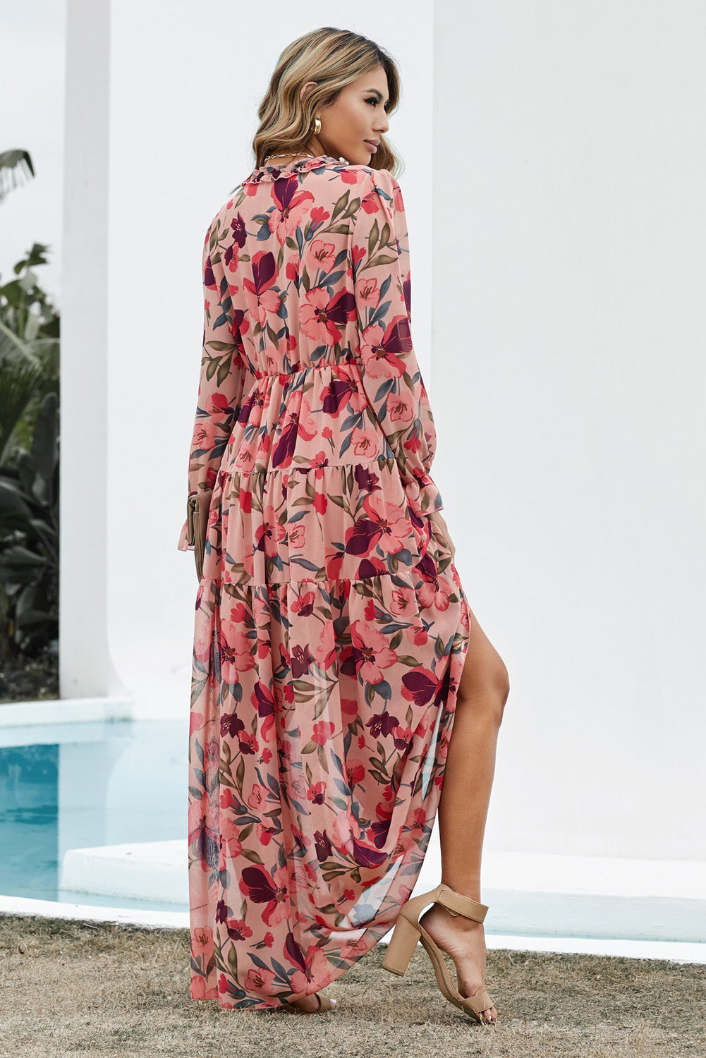 Floral Frill Trim Flounce Sleeve Plunge Maxi Dress - Lecatta