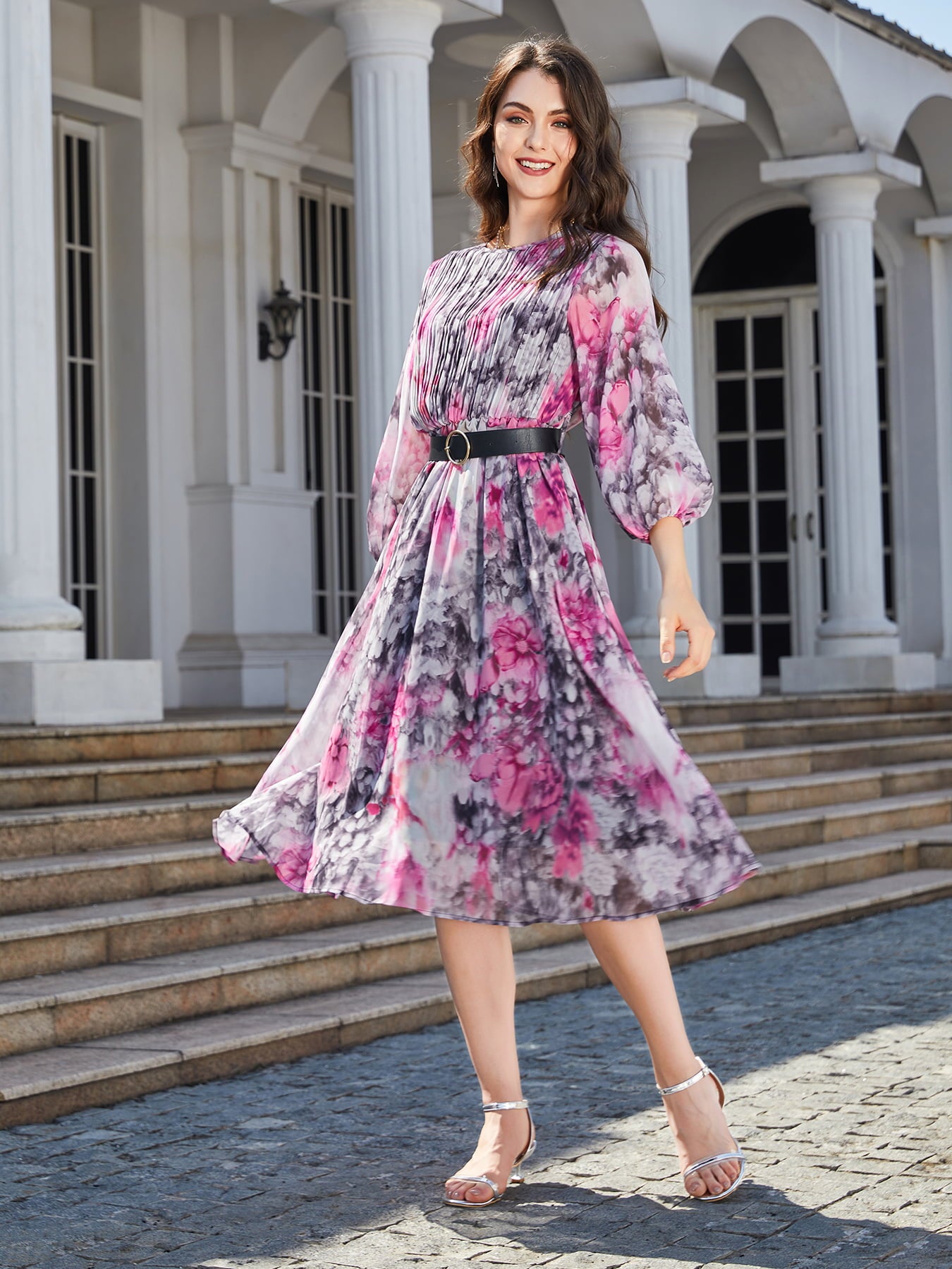 Floral Print Round Neck Balloon Sleeve Midi Dress - Lecatta