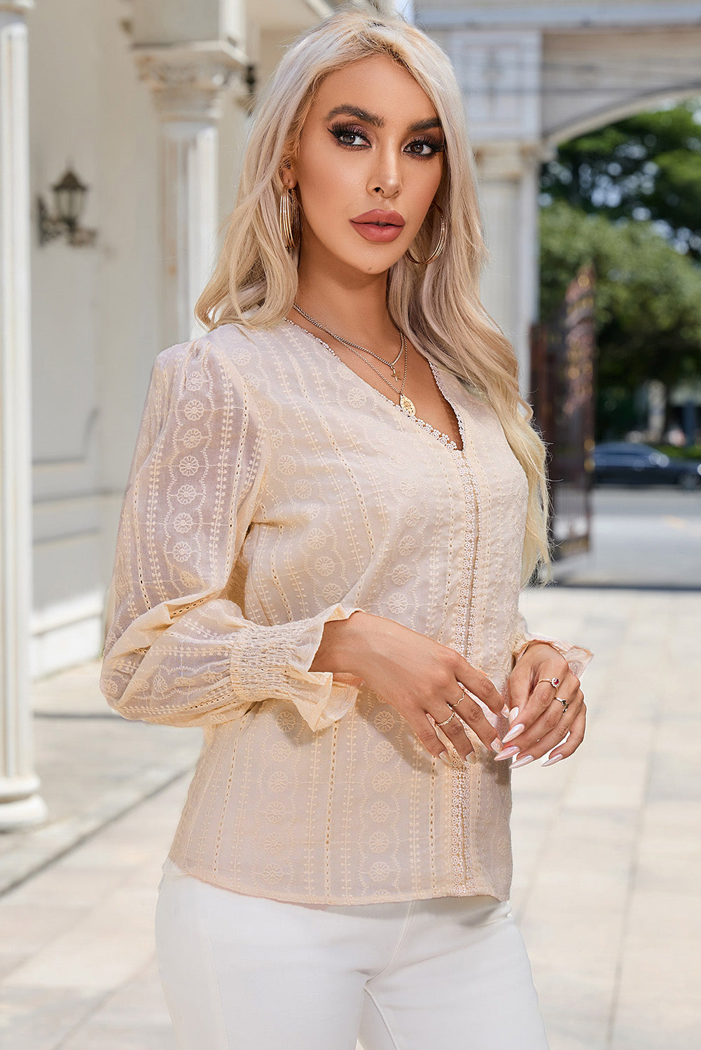 V-Neck Smocked Flounce Sleeve Blouse - Lecatta