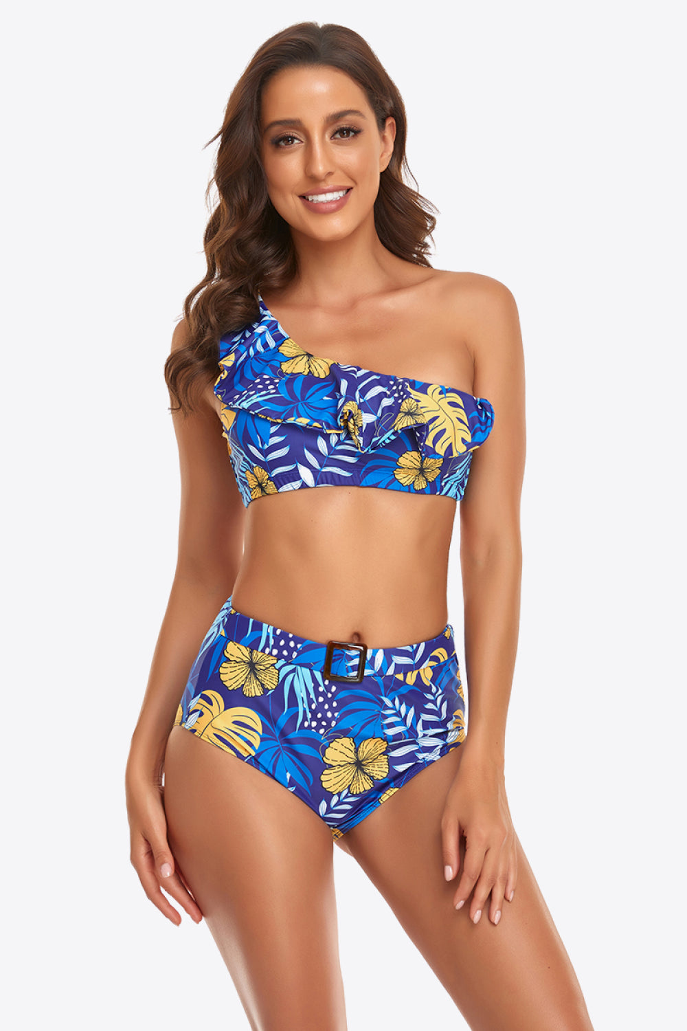 Ruffled One-Shoulder Buckled Bikini Set - Lecatta