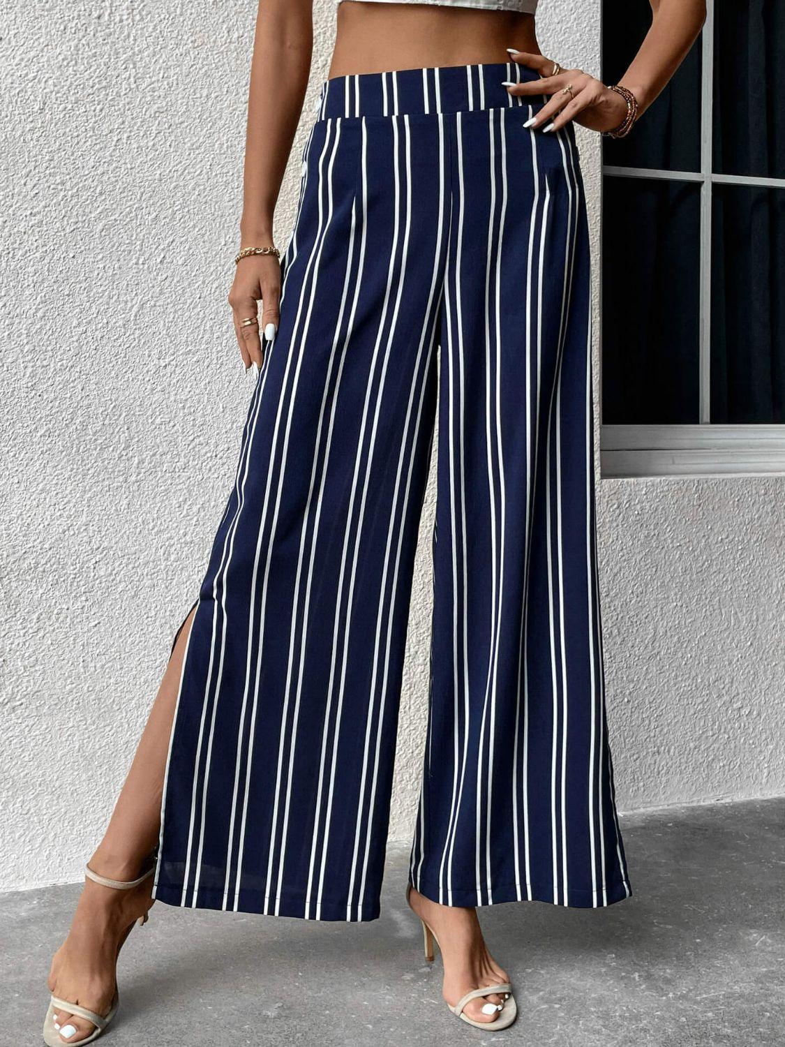 Striped Slit Wide Leg Pants - Lecatta