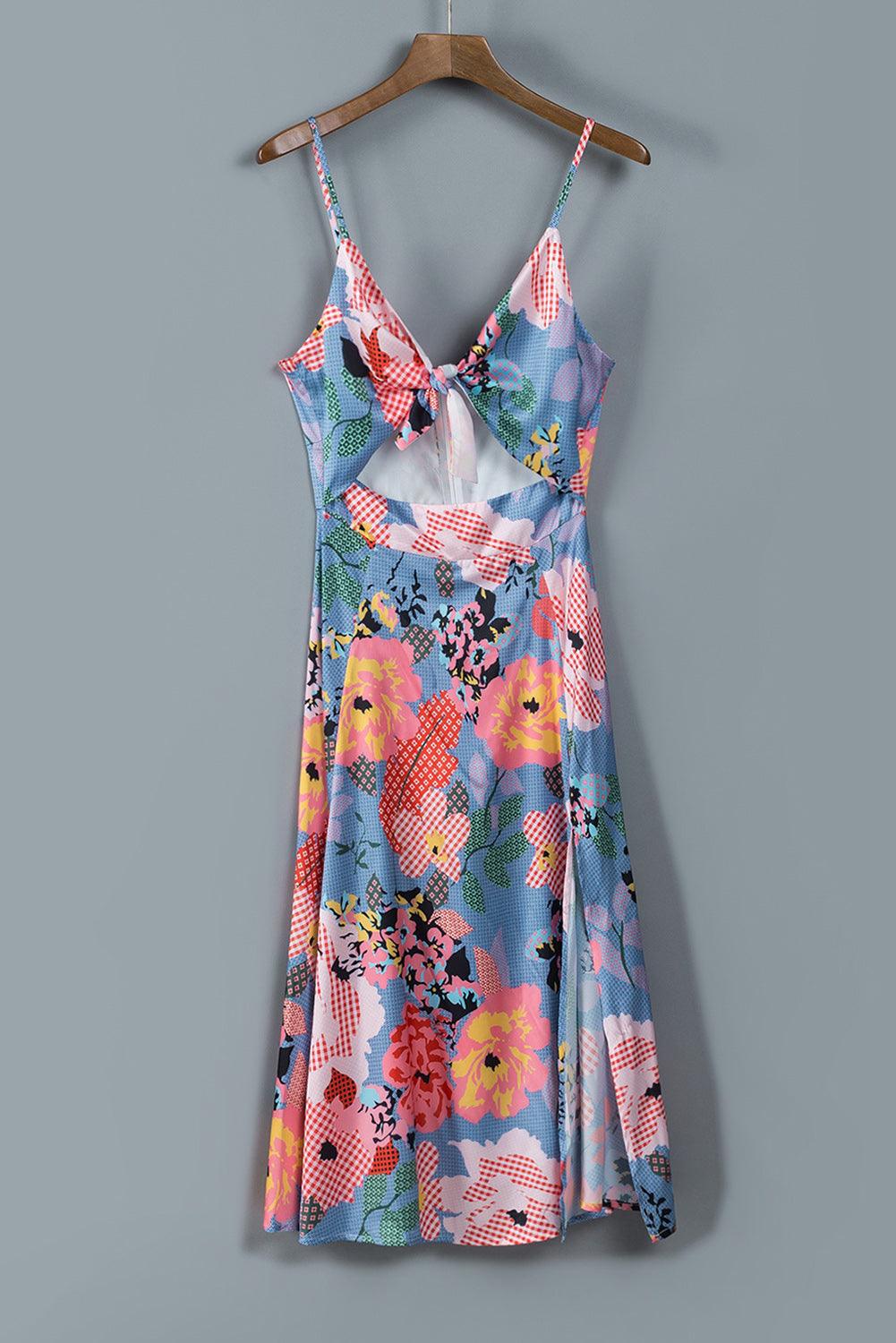 Floral Tied Cutout Split Spaghetti Strap Dress - Lecatta