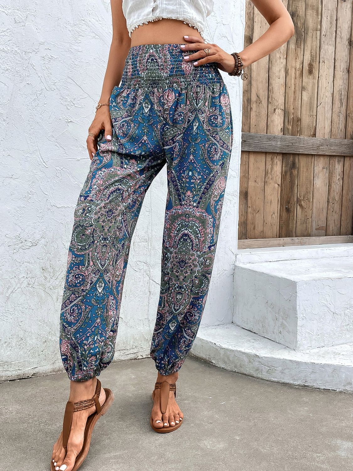 Printed Smocked Waist Pants - Lecatta