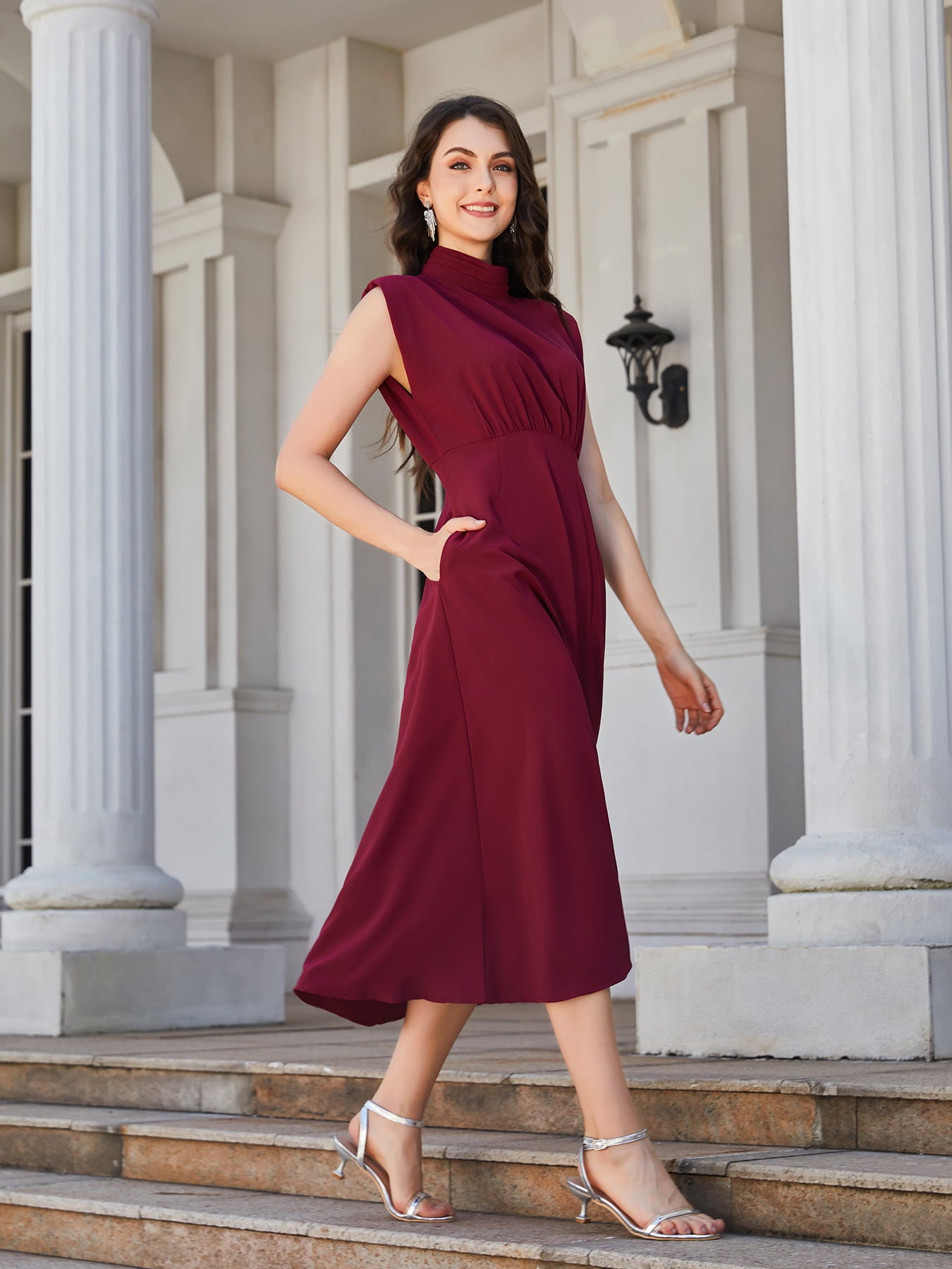 Ruched Mock Neck Cap Sleeve Midi Dress - Lecatta