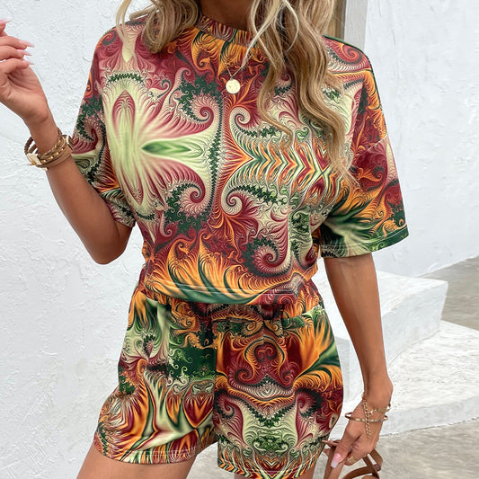 Printed Round Neck Dropped Shoulder Half Sleeve Top and Shorts Set - Lecatta