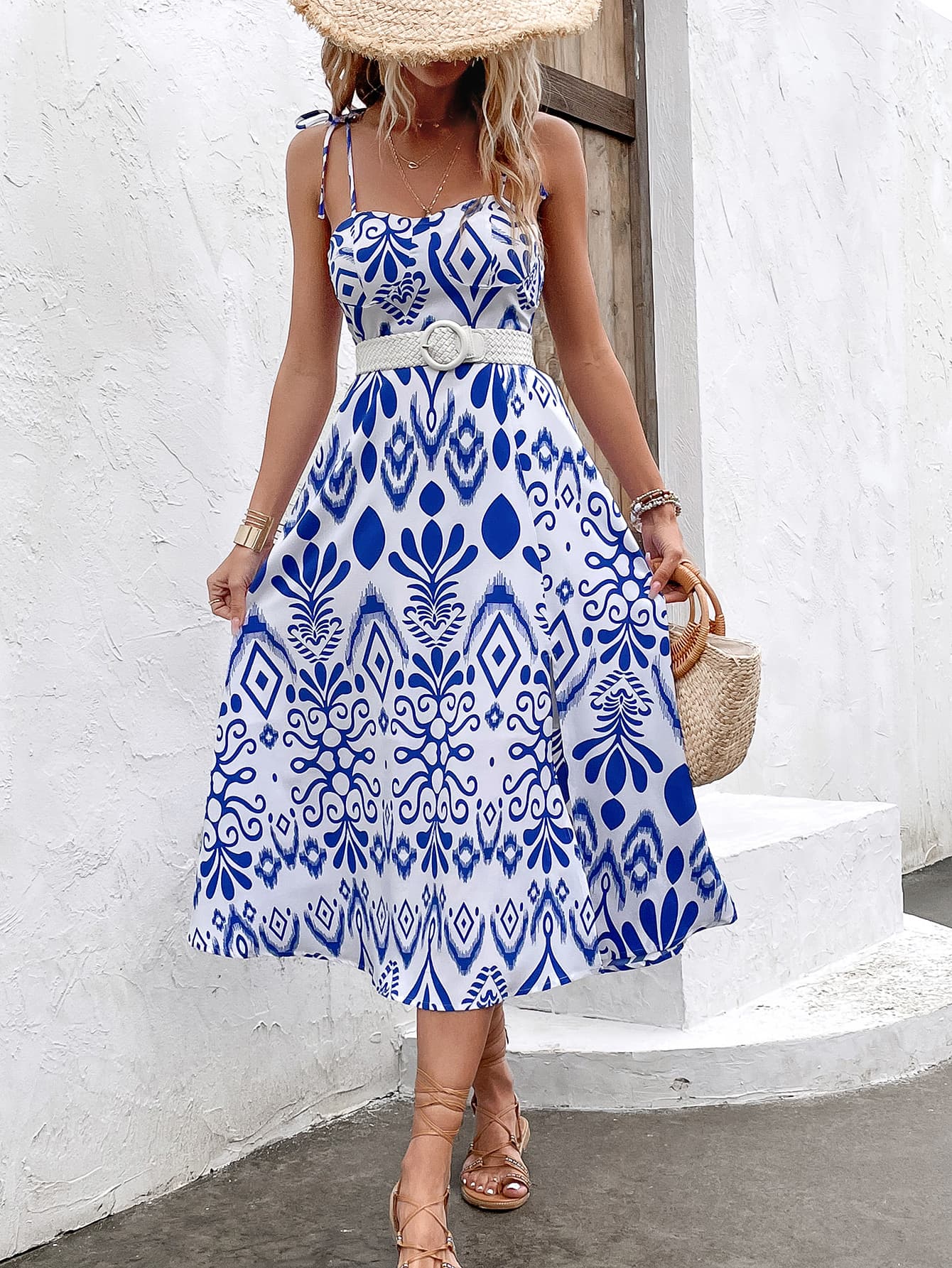 Printed Tie Shoulder Sweetheart Neck Dress - Lecatta