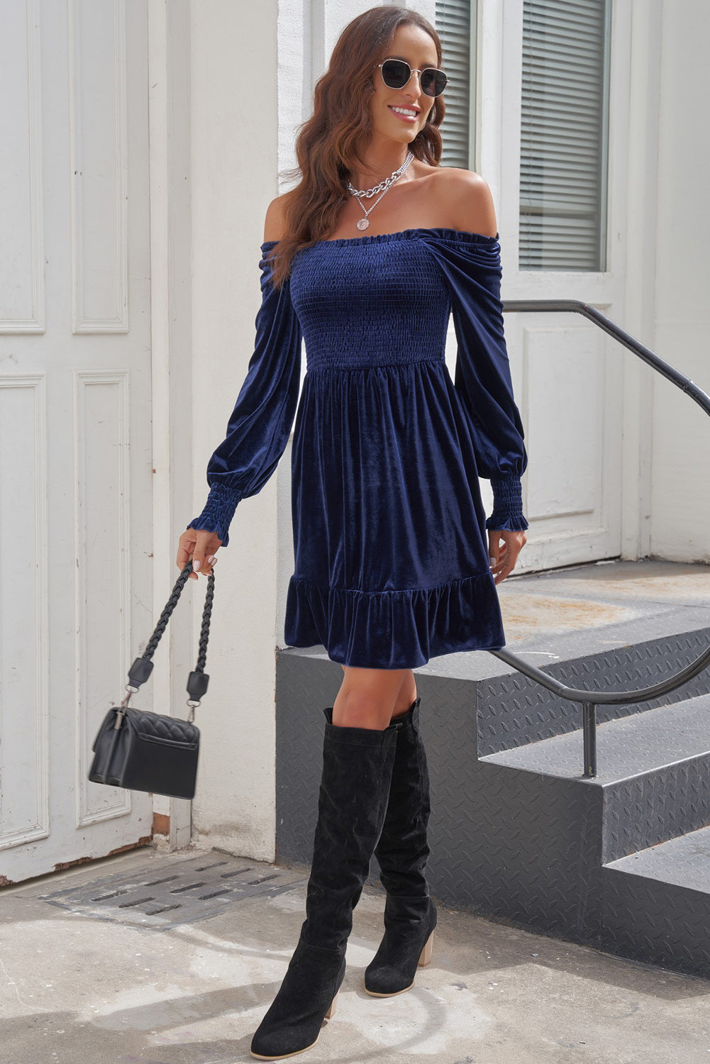 Off-Shoulder Smocked Ruffle Hem Dress - Lecatta