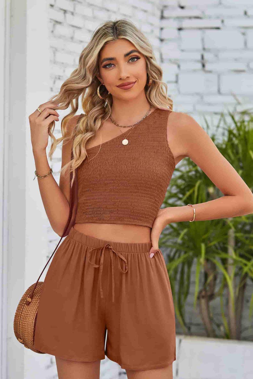 Smocked One-Shoulder Sleeveless Top and Shorts Set - Lecatta