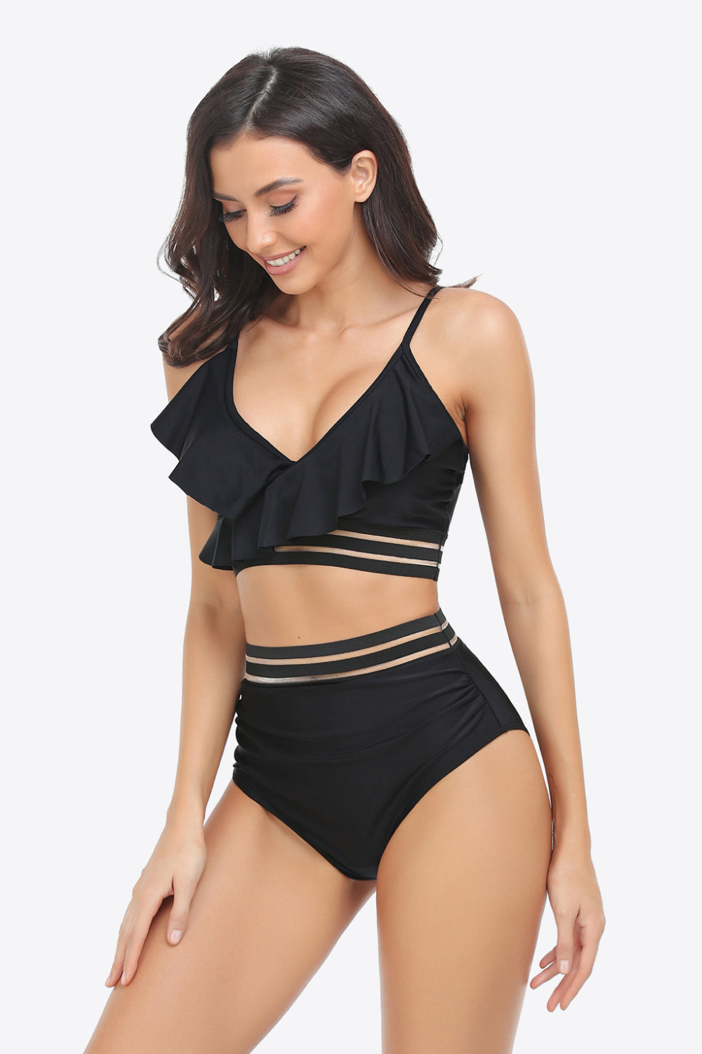 Ruffled Plunge Bikini Set - Lecatta