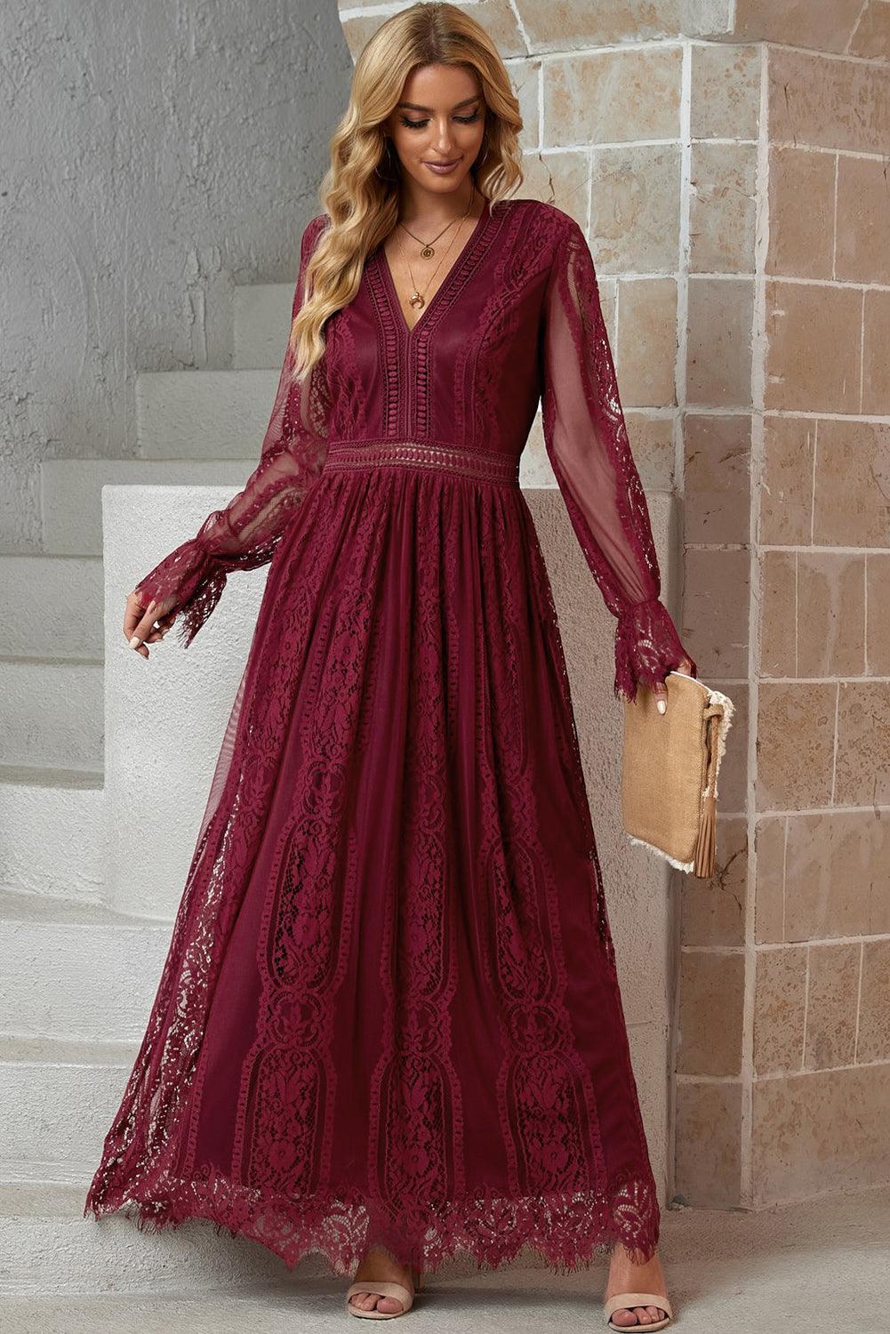 Scalloped Hem Flounce Sleeve Lace V-Neck Maxi Dress - Lecatta