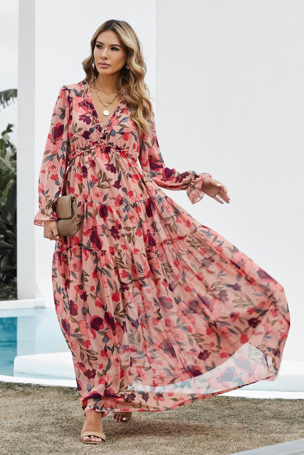 Floral Frill Trim Flounce Sleeve Plunge Maxi Dress - Lecatta