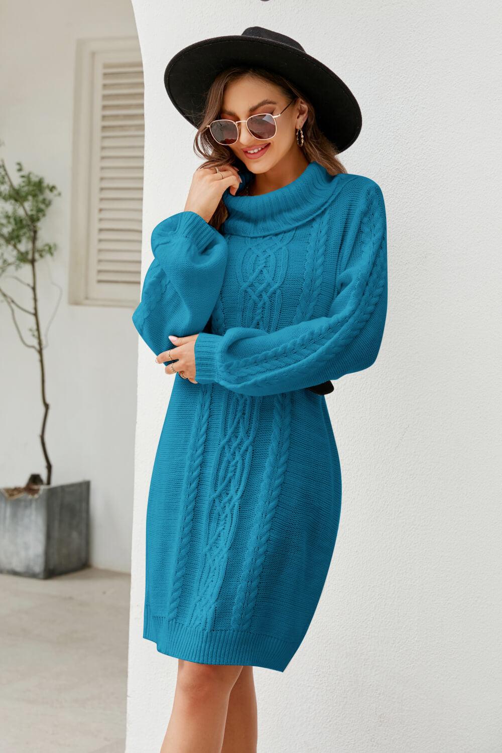 Mixed Knit Turtleneck Lantern Sleeve Sweater Dress - Lecatta