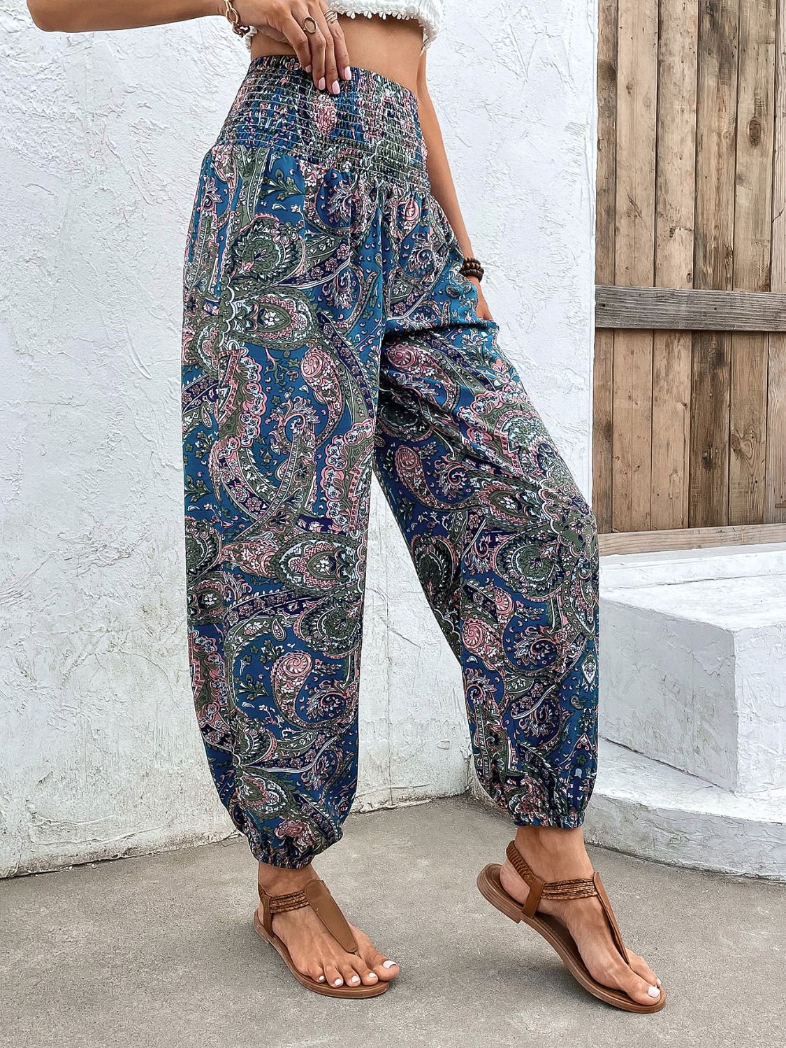 Printed Smocked Waist Pants - Lecatta