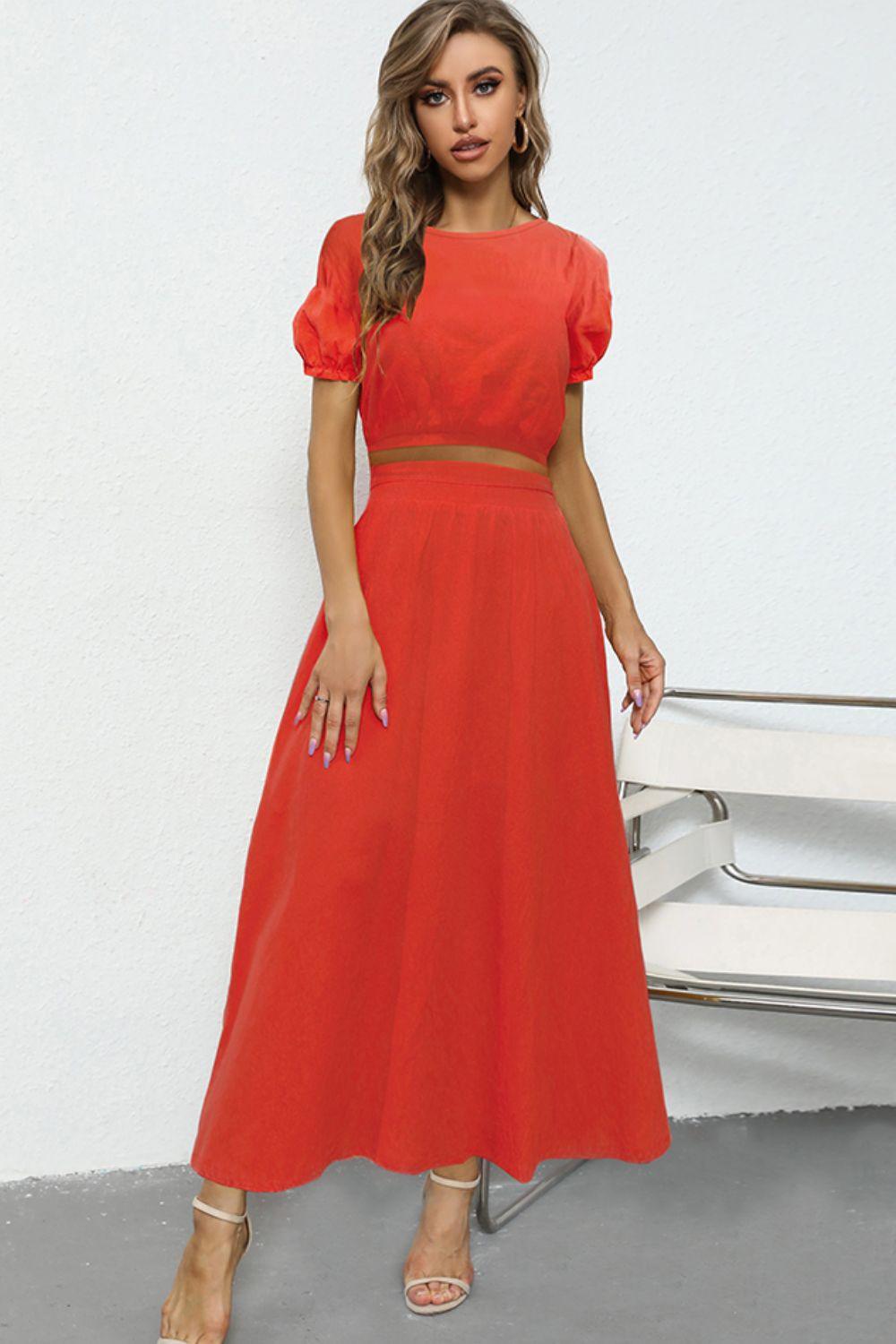 Puff Sleeve Crop Top and Maxi Skirt Set - Lecatta