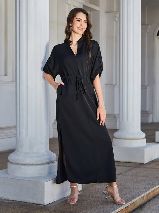 High Slit Roll-tab Sleeve Notched Neck Maxi Dress - Lecatta