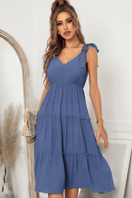 Tie Shoulder V-Neck Tiered Dress - Lecatta