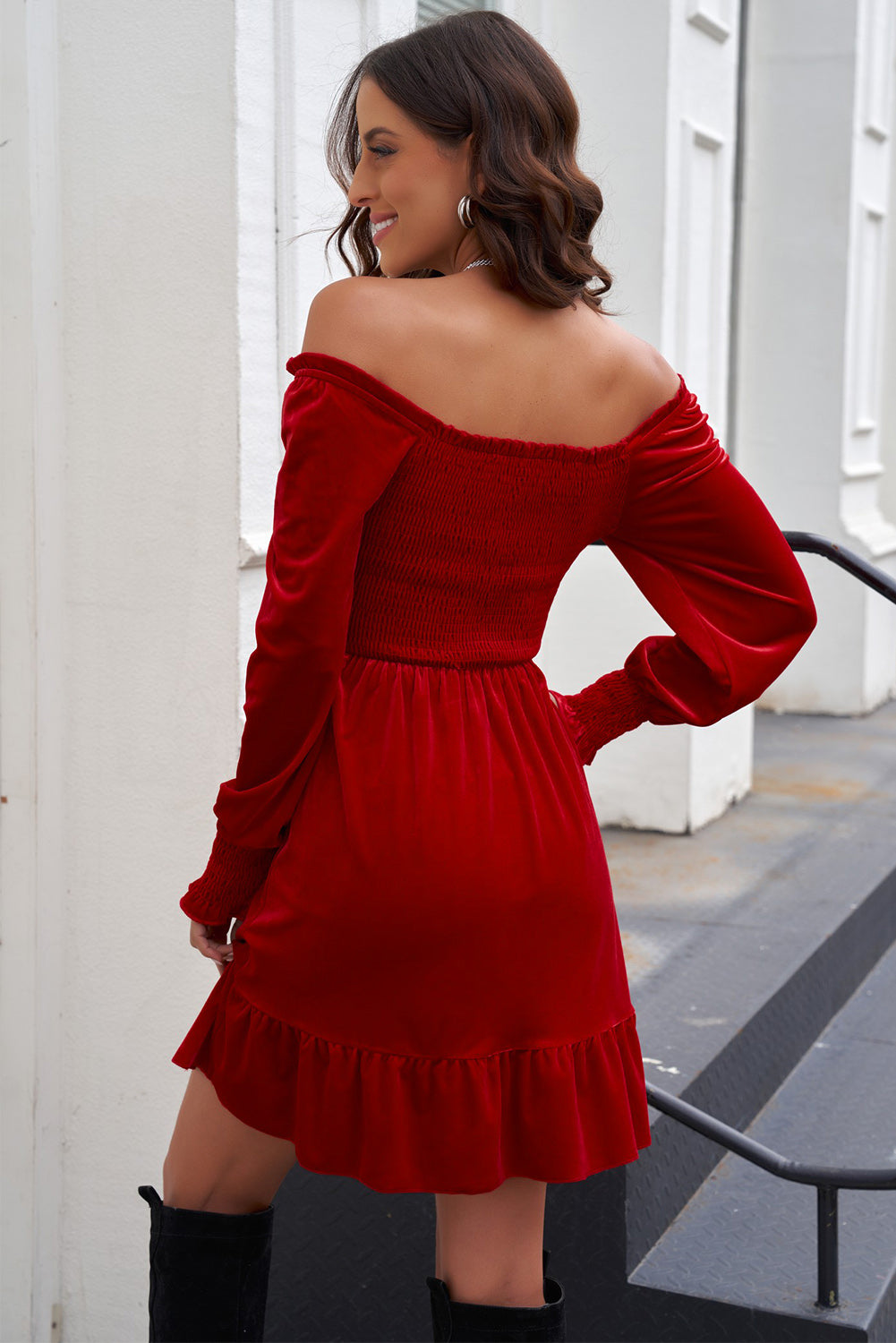 Off-Shoulder Smocked Ruffle Hem Dress - Lecatta