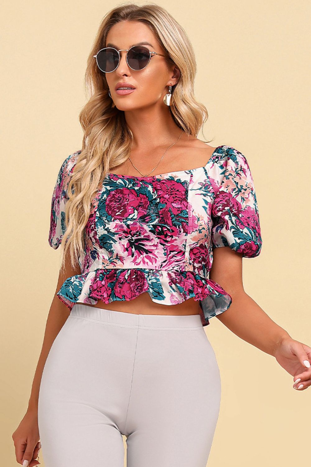 Floral Tied Cropped Peplum Blouse - Lecatta