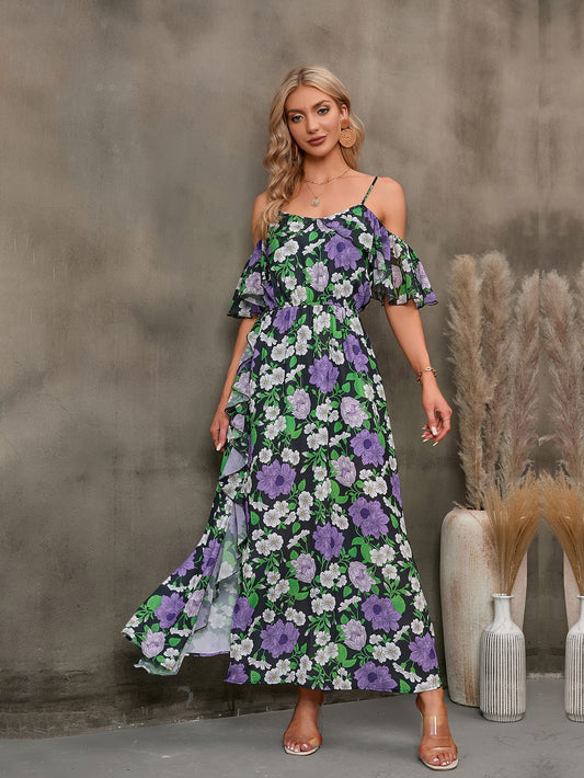 Floral Spaghetti Strap Cold-Shoulder Slit Maxi Dress - Lecatta