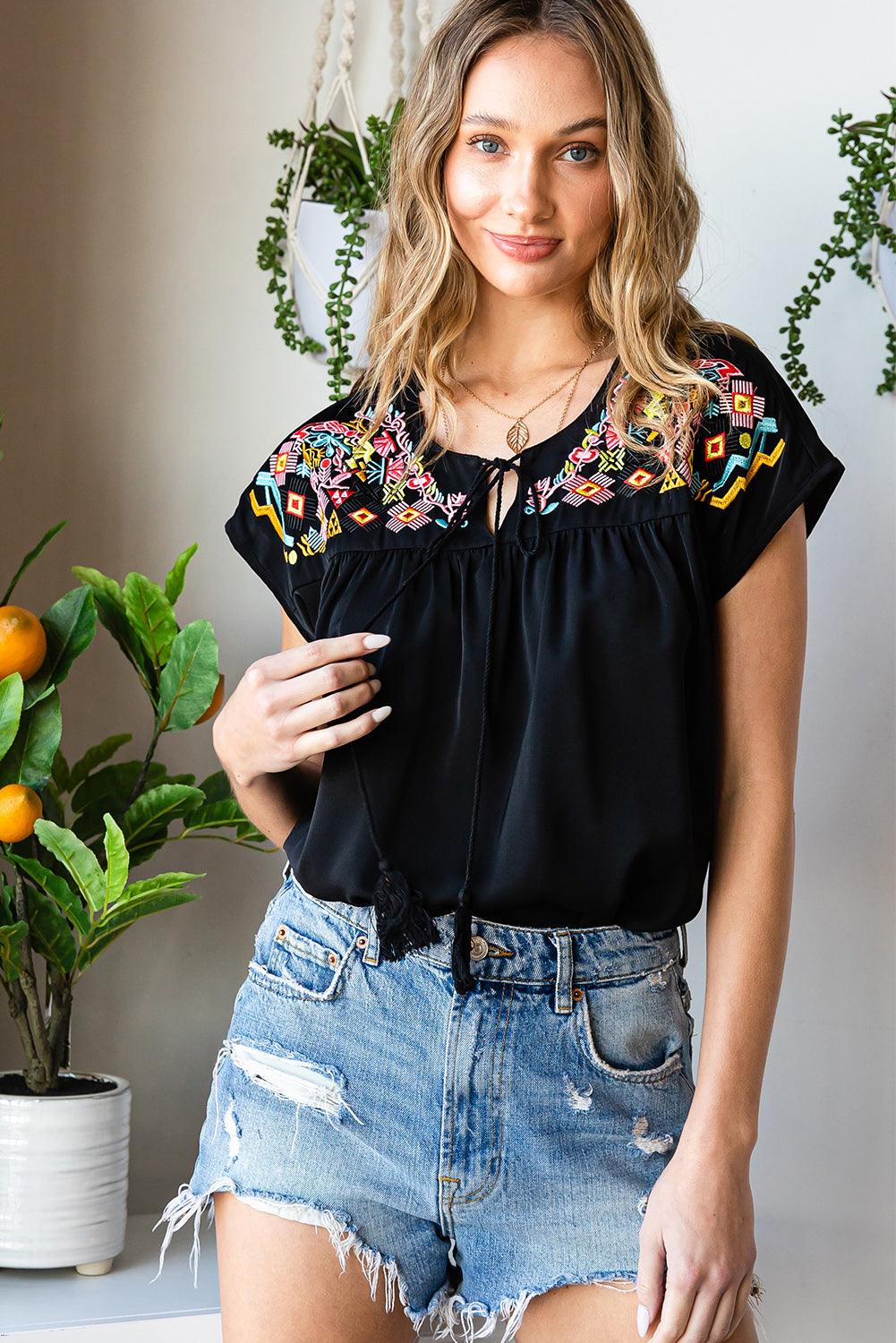 Embroidered Tie-Neck Tassel Blouse - Lecatta