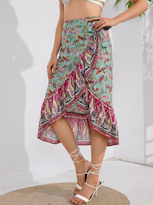 Tie Waistband Flounce Hem Midi Skirt - Lecatta