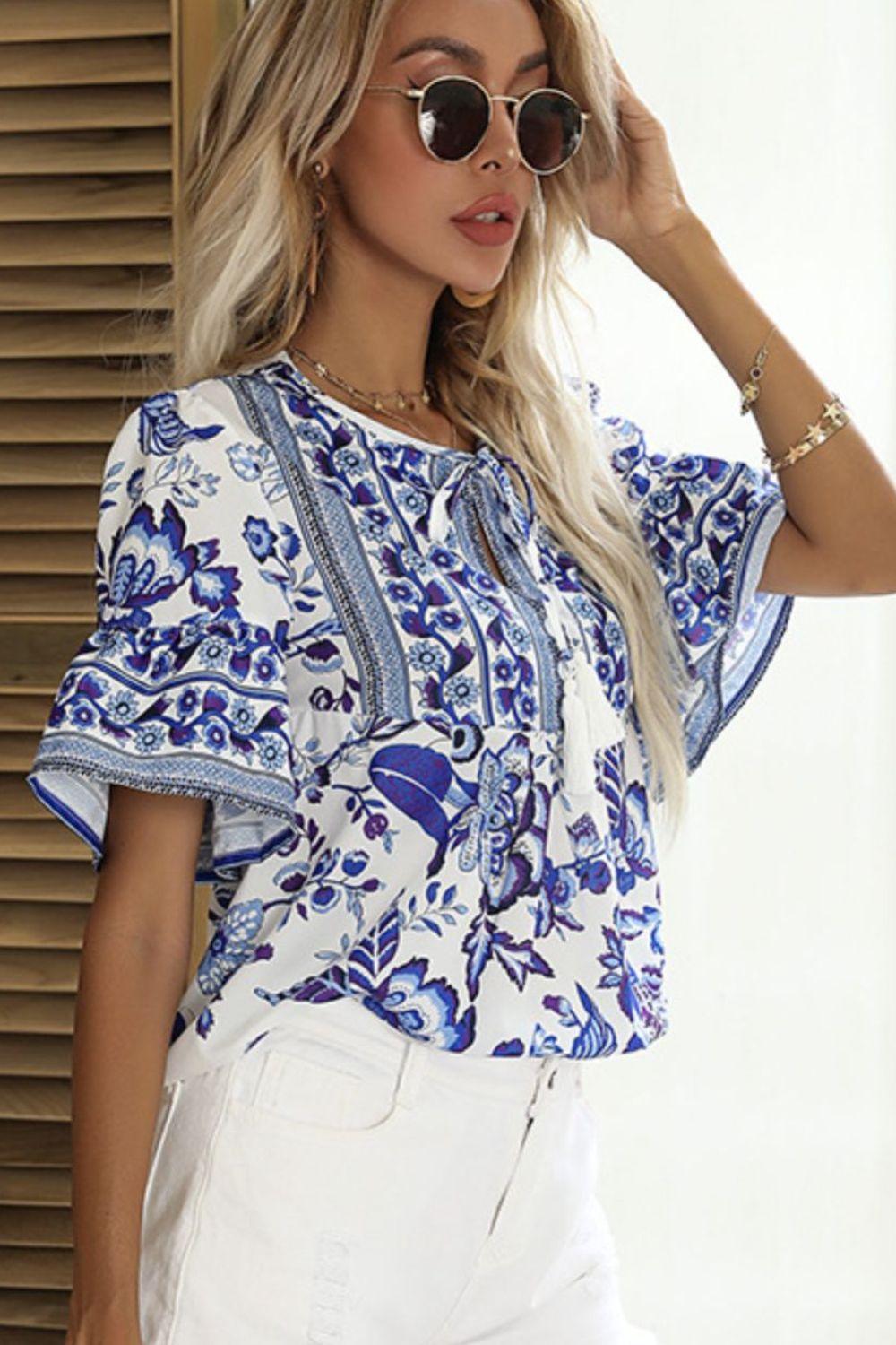 Printed Buttoned Flounce Sleeve Blouse - Lecatta