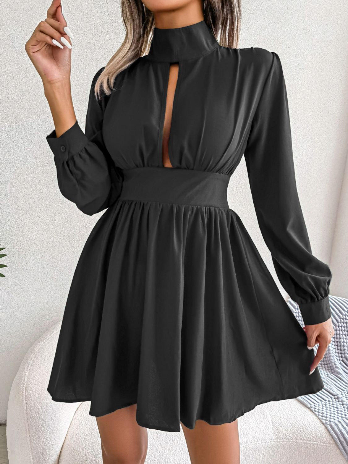 Cutout Turtleneck A-Line Mini Dress - Lecatta