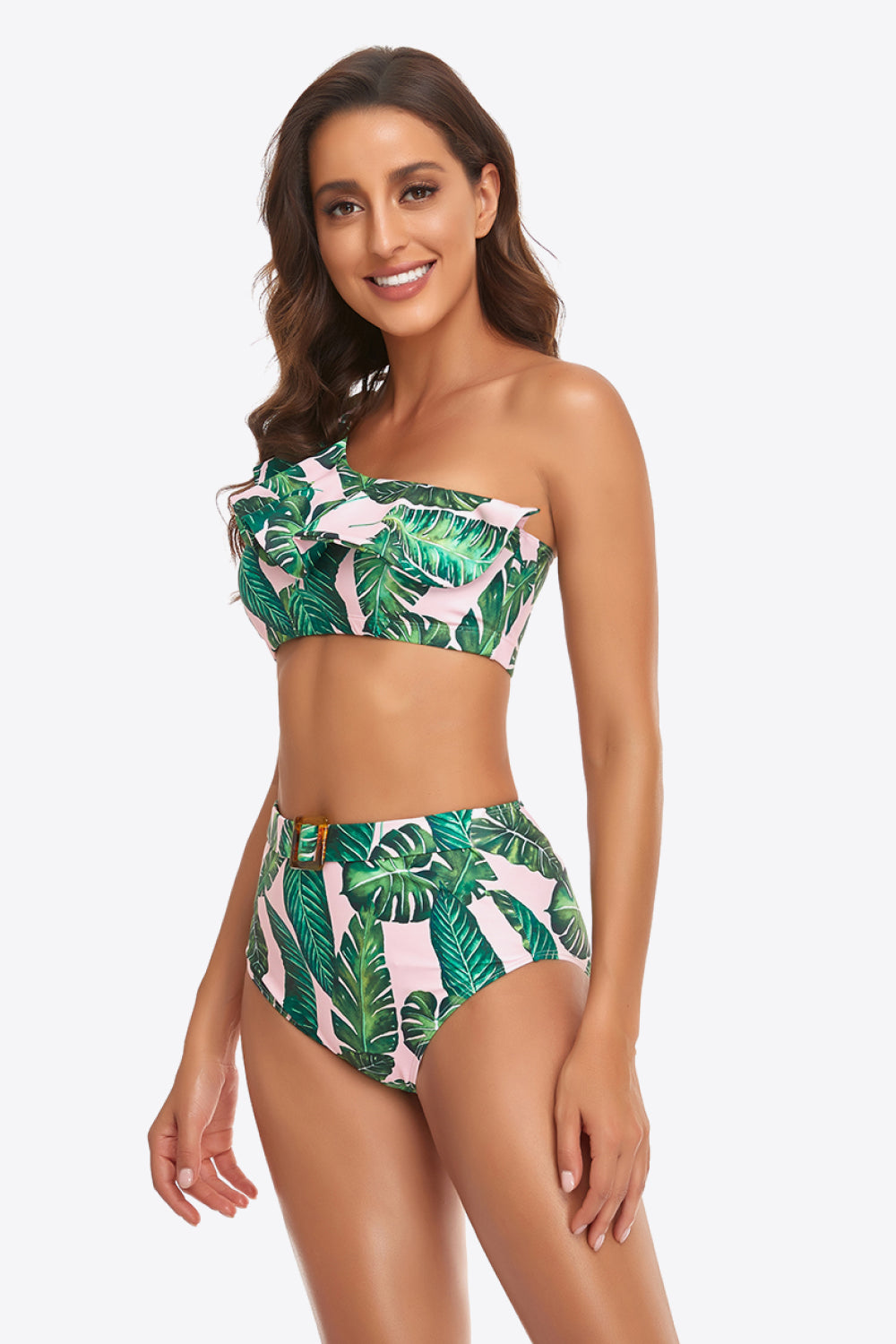 Ruffled One-Shoulder Buckled Bikini Set - Lecatta