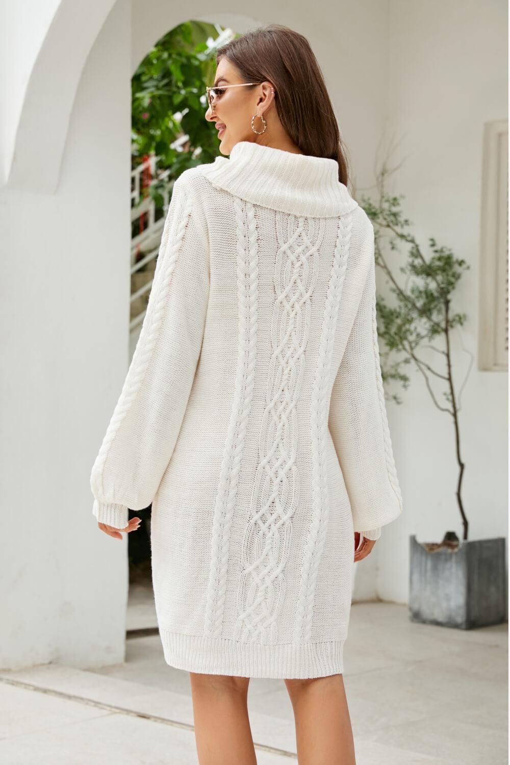 Mixed Knit Turtleneck Lantern Sleeve Sweater Dress - Lecatta