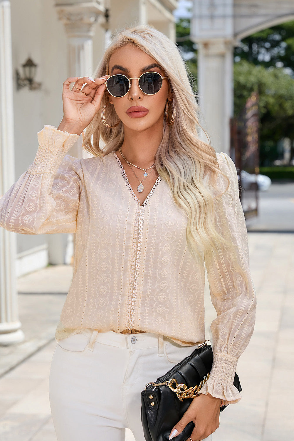 V-Neck Smocked Flounce Sleeve Blouse - Lecatta