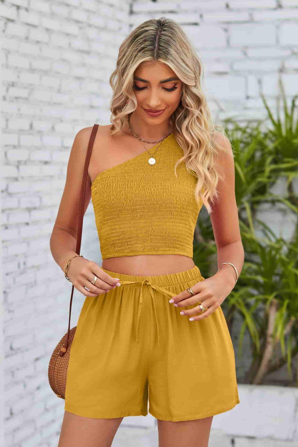 Smocked One-Shoulder Sleeveless Top and Shorts Set - Lecatta