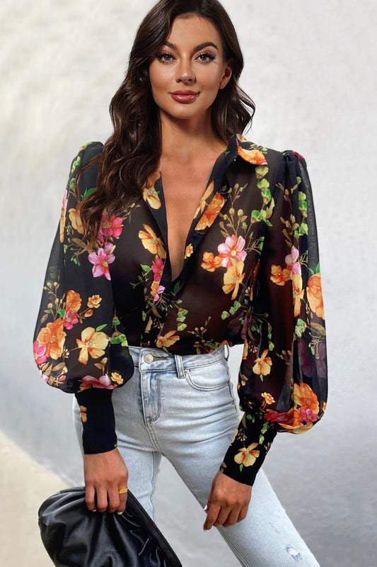 Flower Print Collared Neck Lantern Sleeve Shirt - Lecatta