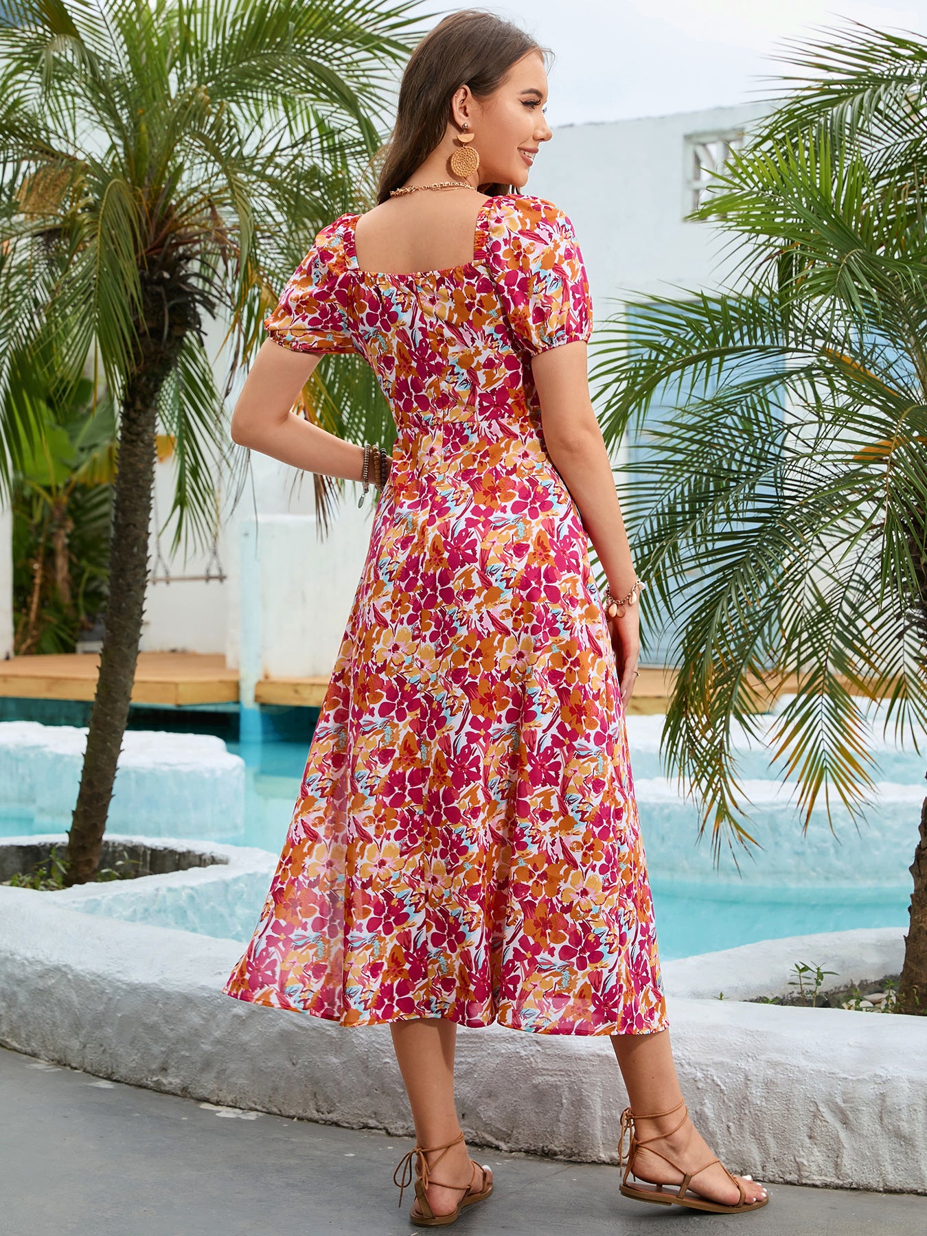 Floral Square Neck Short Sleeve Midi Dress - Lecatta