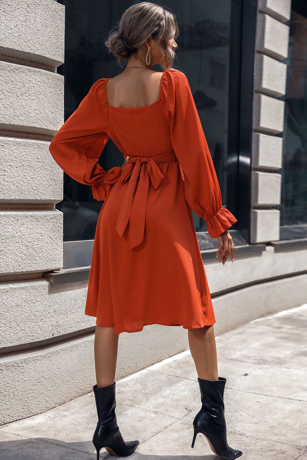 Square Neck Flounce Sleeve Midi Dress - Lecatta