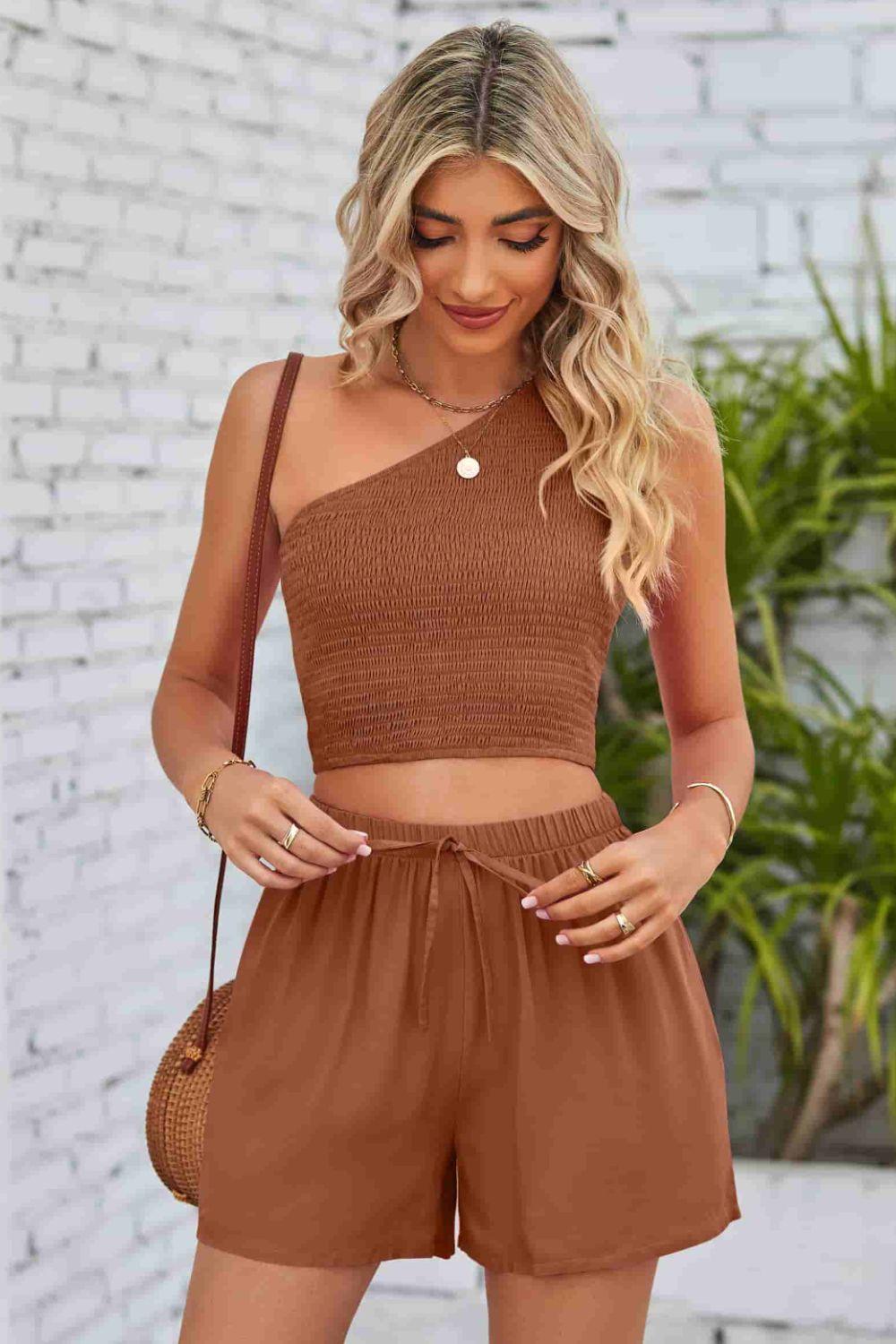 Smocked One-Shoulder Sleeveless Top and Shorts Set - Lecatta