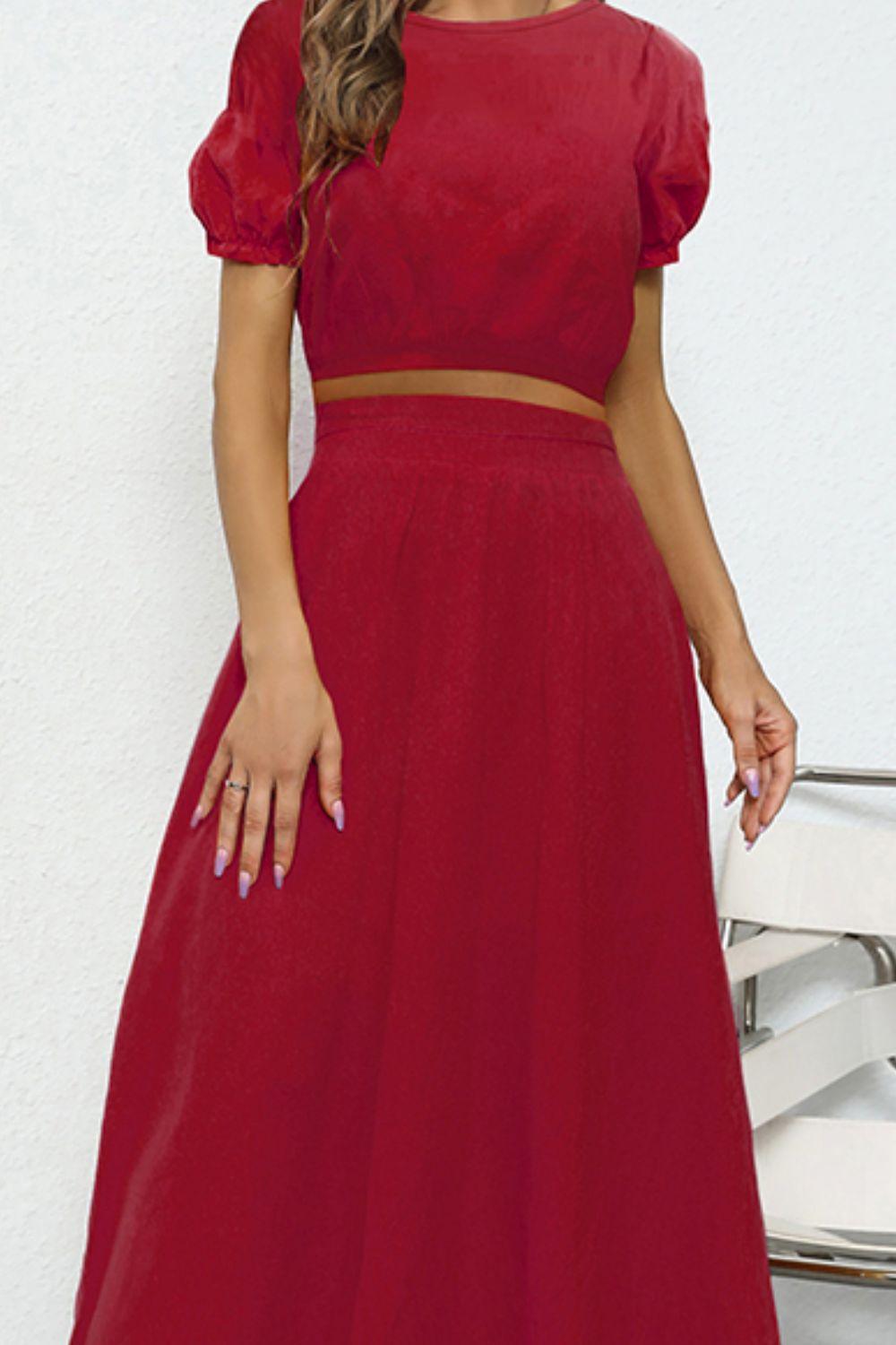 Puff Sleeve Crop Top and Maxi Skirt Set - Lecatta