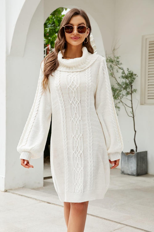 Mixed Knit Turtleneck Lantern Sleeve Sweater Dress - Lecatta