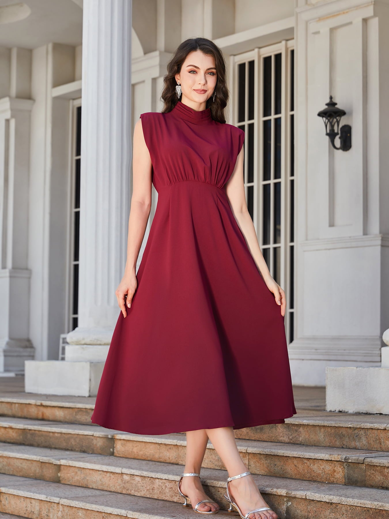 Ruched Mock Neck Cap Sleeve Midi Dress - Lecatta