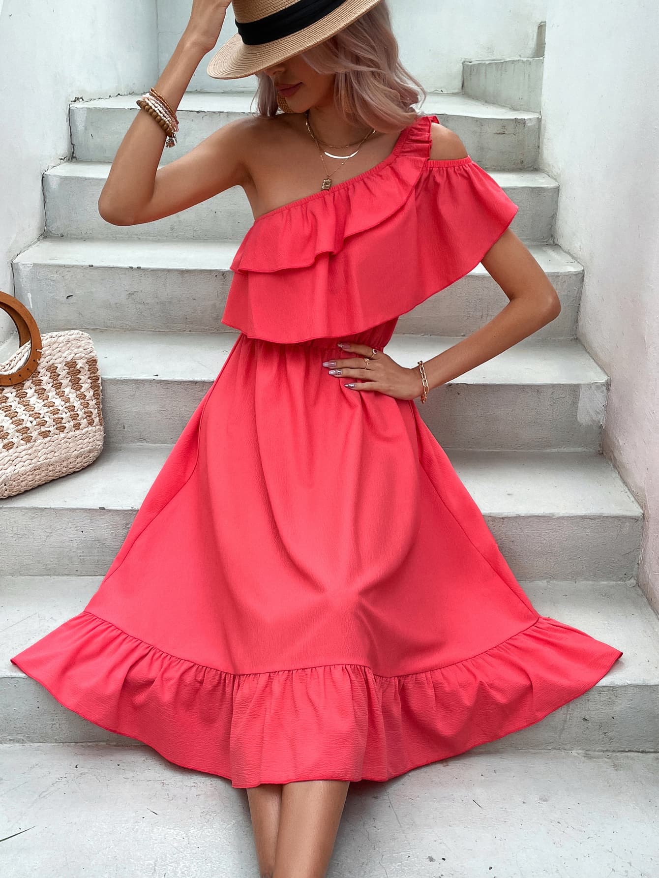 One-Shoulder Ruffle Hem Dress - Lecatta