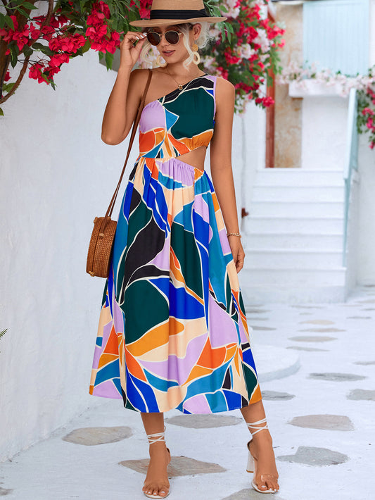 Printed Cutout One-Shoulder Sleeveless Dress - Lecatta