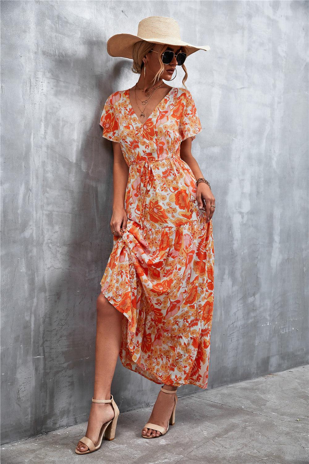 Floral Buttoned Drawstring Waist Tiered Dress - Lecatta